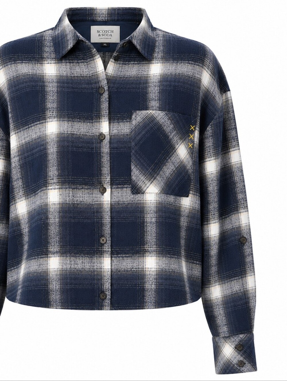 SCOTCH & SODA | Plaid Flannel Cropped Button Down Cotton Shirt Blue White | XL